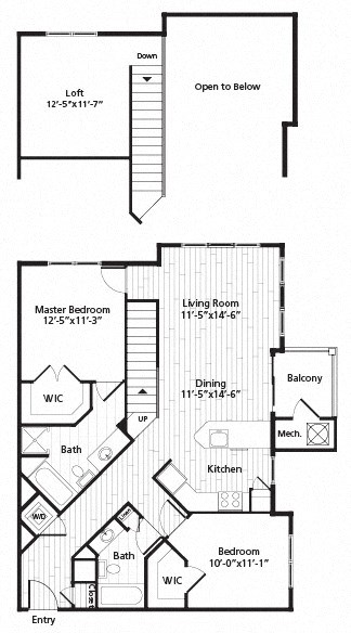 Floor plan for 2 beds, 2 baths, 1267 sqft